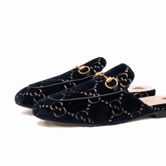 Gucci Princetown GG Monogram Blue Velvet Horsebit Mule Slides Navy 37 US7 - Picture 3 of 16